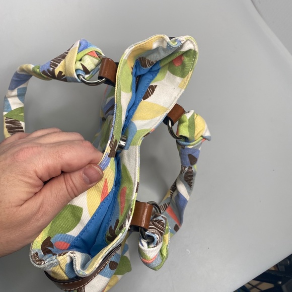 Croft & Borrow  Blue Green Floral Fabric Shoulder Bag With Faux Leather Trim - Picture 3 of 6